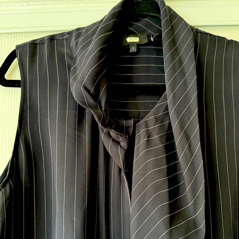 Sleeveless Theory pinstripe blouse with neck tie